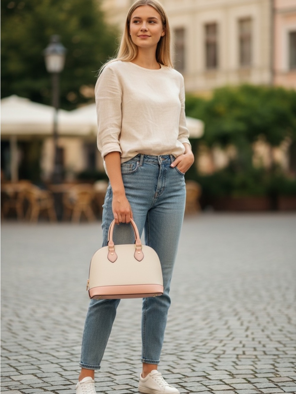 Two-Tone Cream and Pink Dome Satchel Handbag for Women